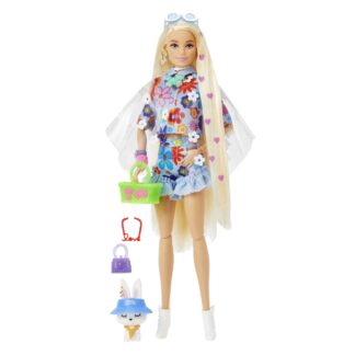 Barbie EXTRA lelle ar puķainu tērpu un mājdzīvnieku trusi HDJ45
